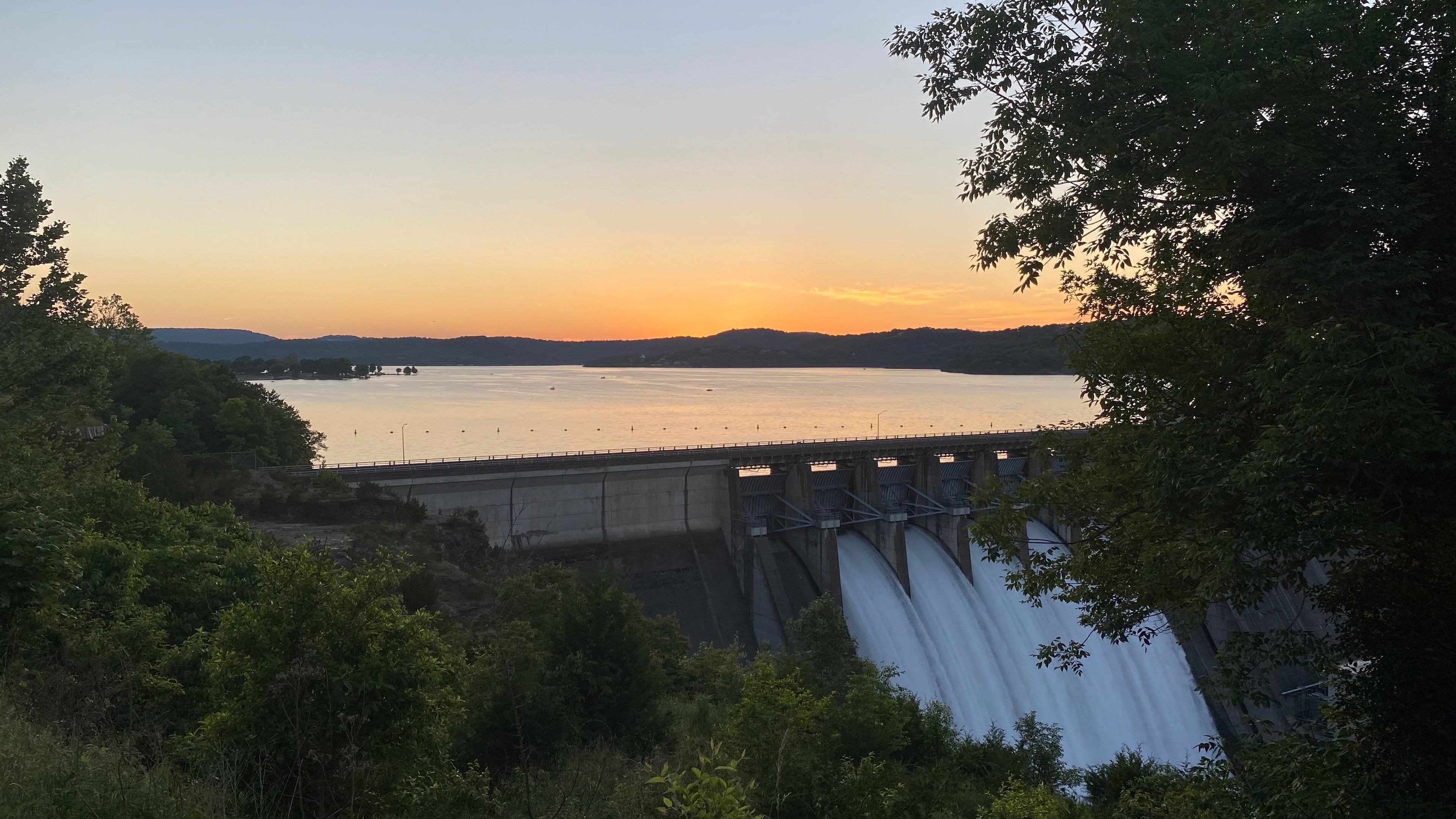 Dam at sunset on Beaver Lake, Northwest Arkansas